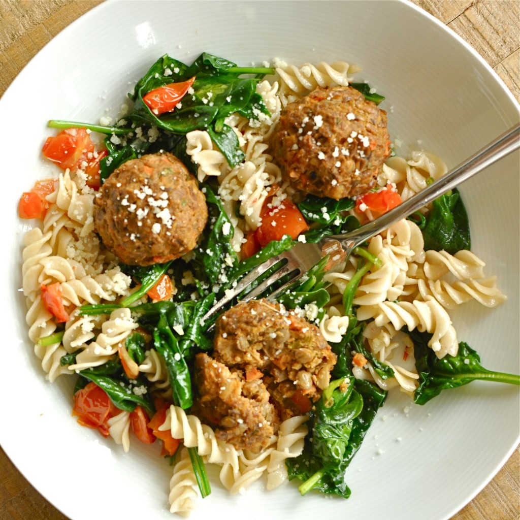Pasta with Cherry Tomatoes, Spinach & Lentil Veggie Balls