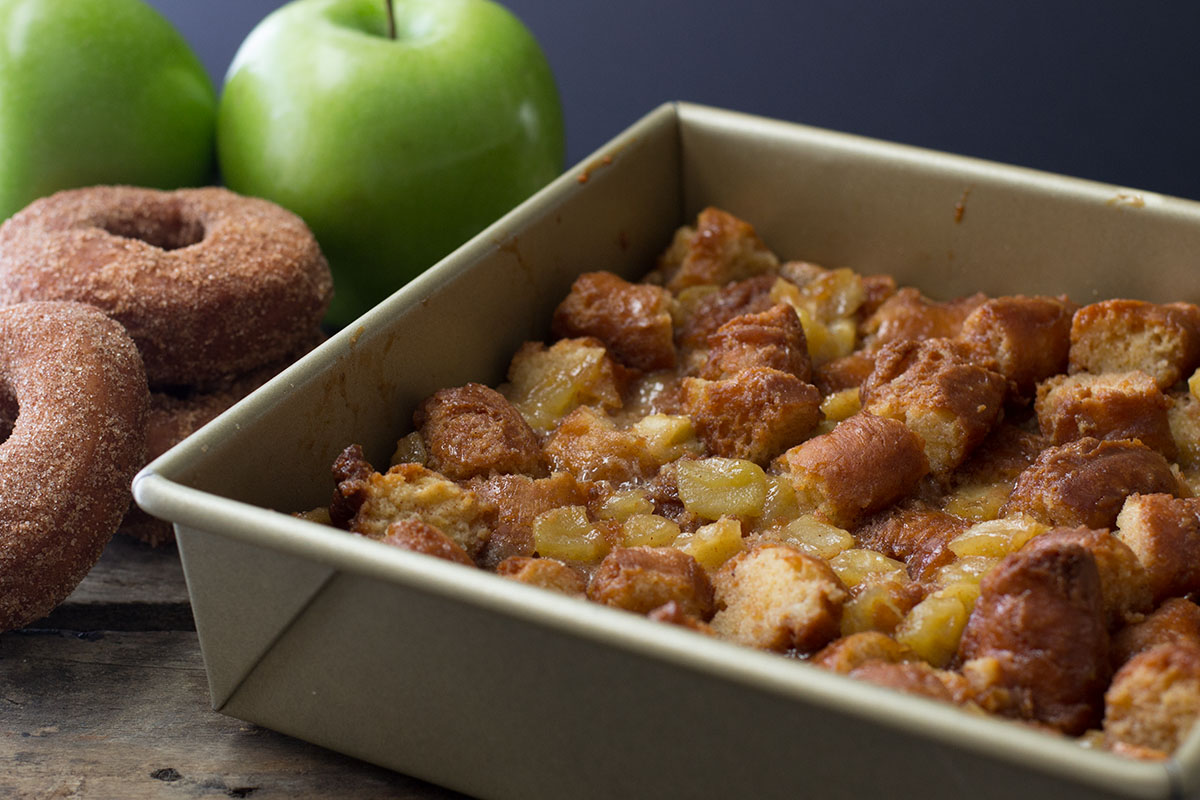 Apple Cinnamon Doughnut Bread Pudding with Maple Butter Rum Sauce | siftandwhisk.com