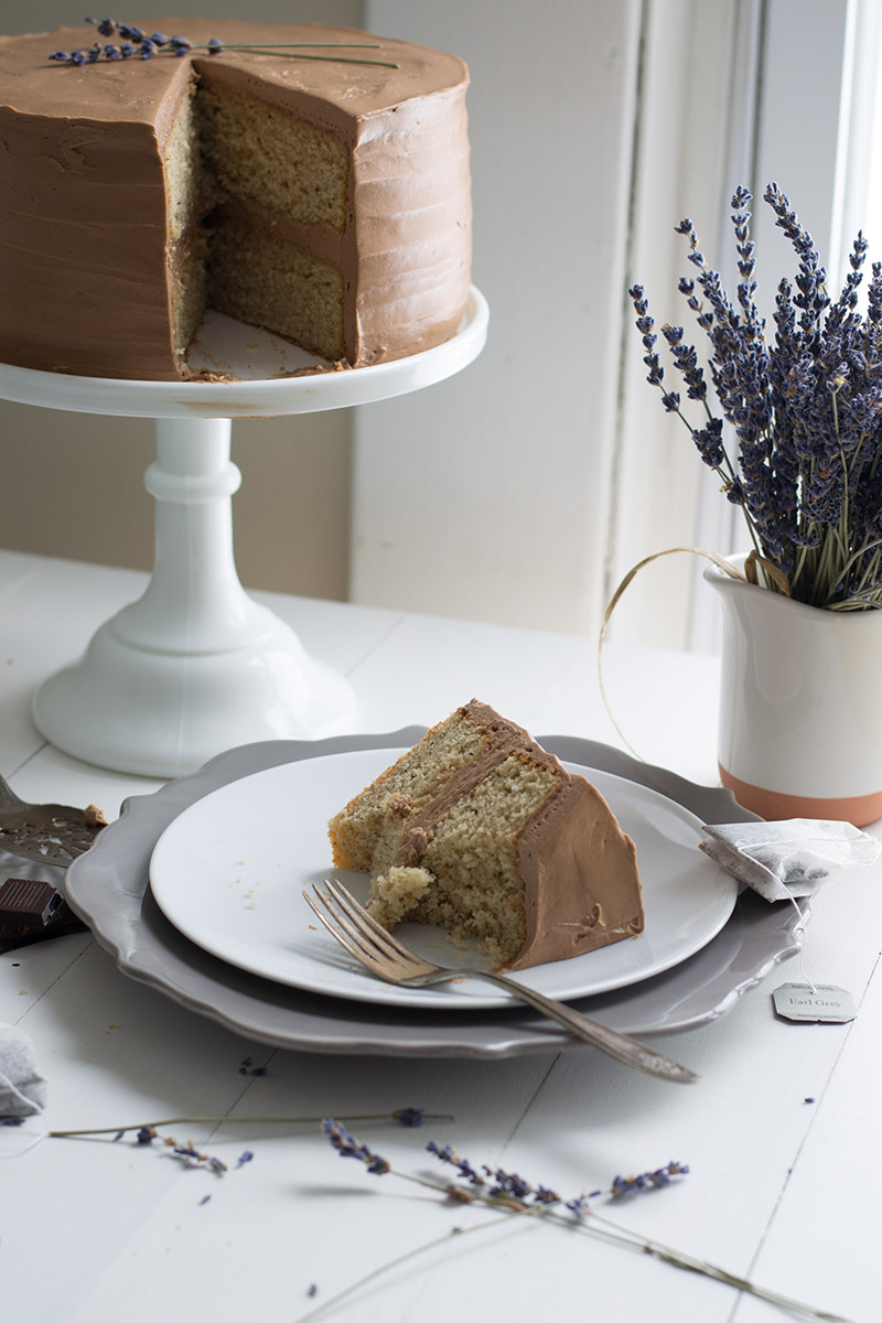 Earl Grey Cake with Chocolate Lavender Frosting | siftandwhisk.com