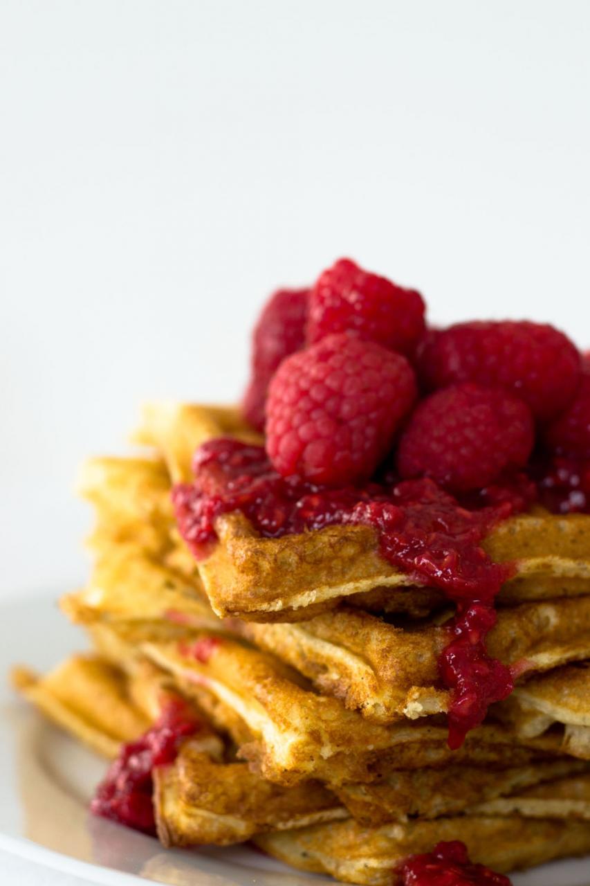 Hazelnut Waffles with Raspberry Syrup via Sift & Whisk