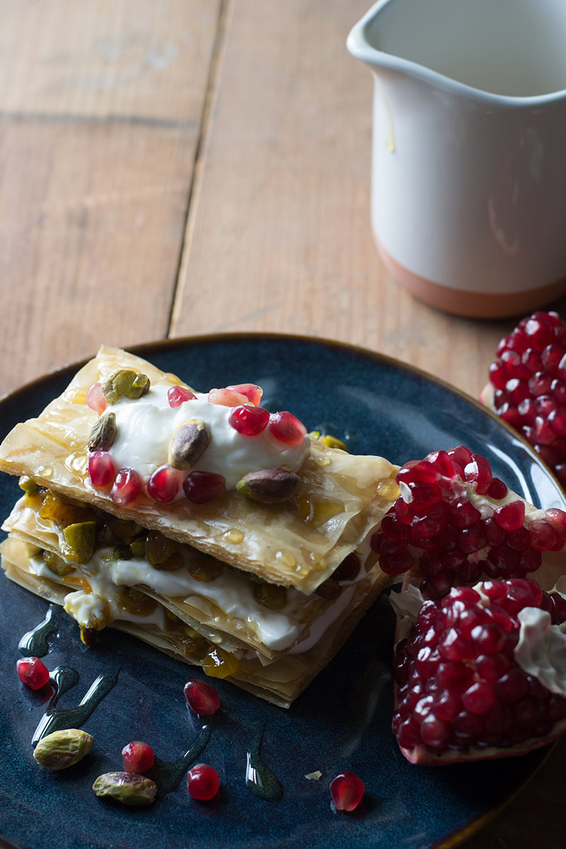The Kitchn's Honeyed Phyllo Stacks with Pistachios, Spiced Fruit, and Yogurt (with Vegan Option) | siftandwhisk.com