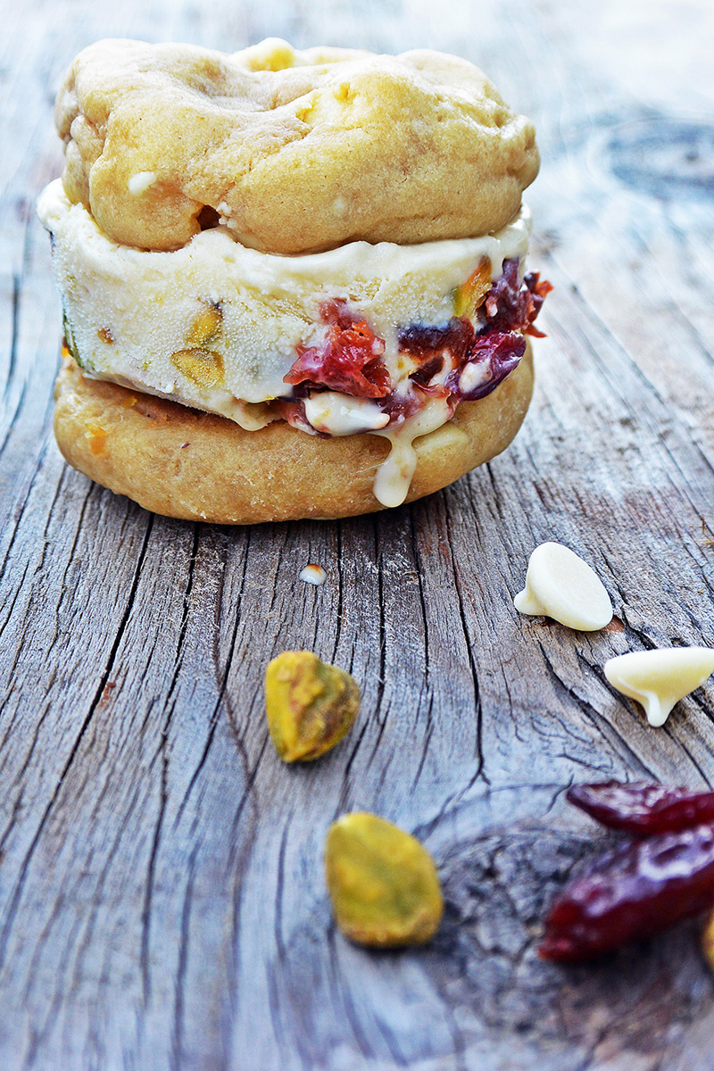 White Chocolate Chip Ice Cream Sandwiches with Cherry-Pistachio Ice Cream via Floating Kitchen | siftandwhisk.com