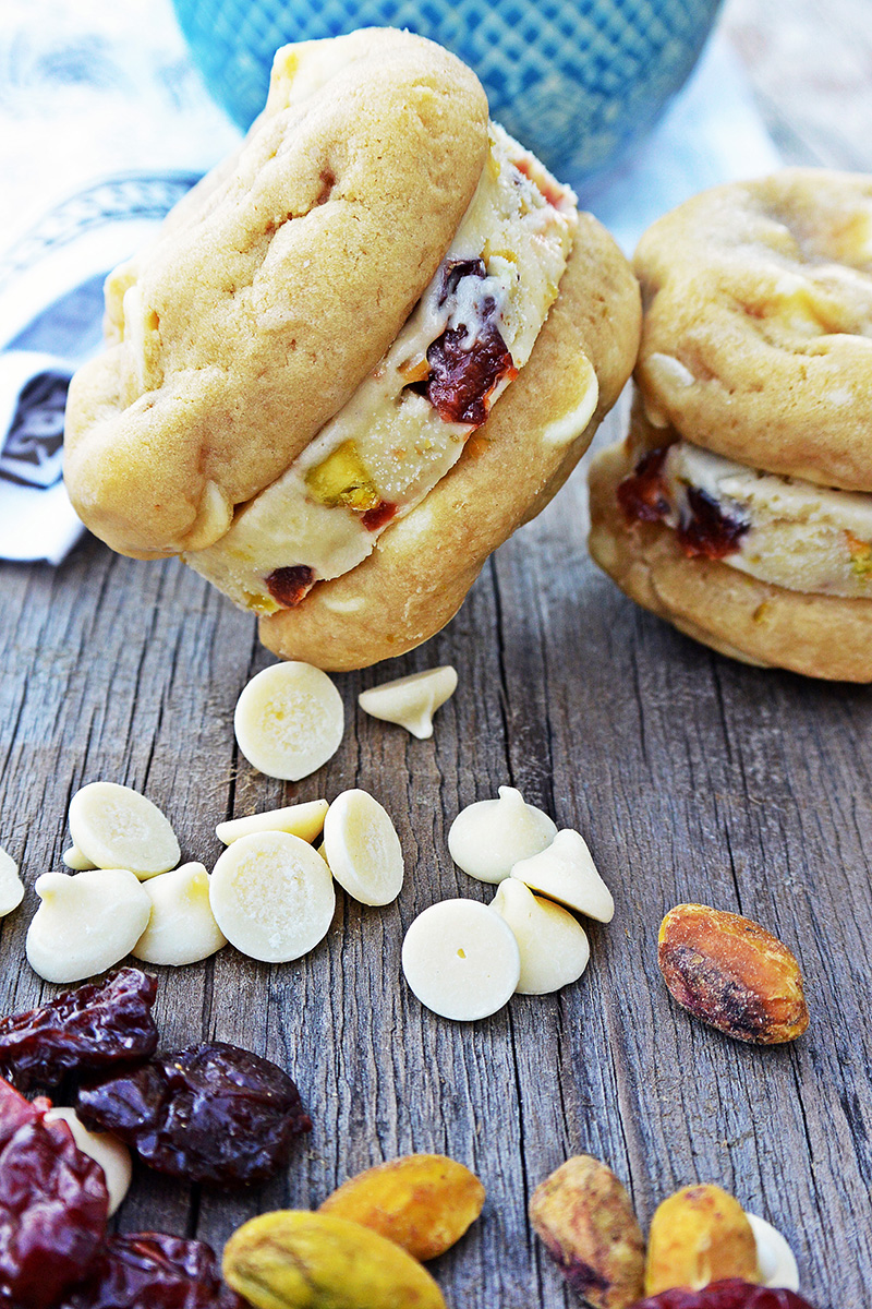 White Chocolate Chip Ice Cream Sandwiches with Cherry-Pistachio Ice Cream via Floating Kitchen | siftandwhisk.com