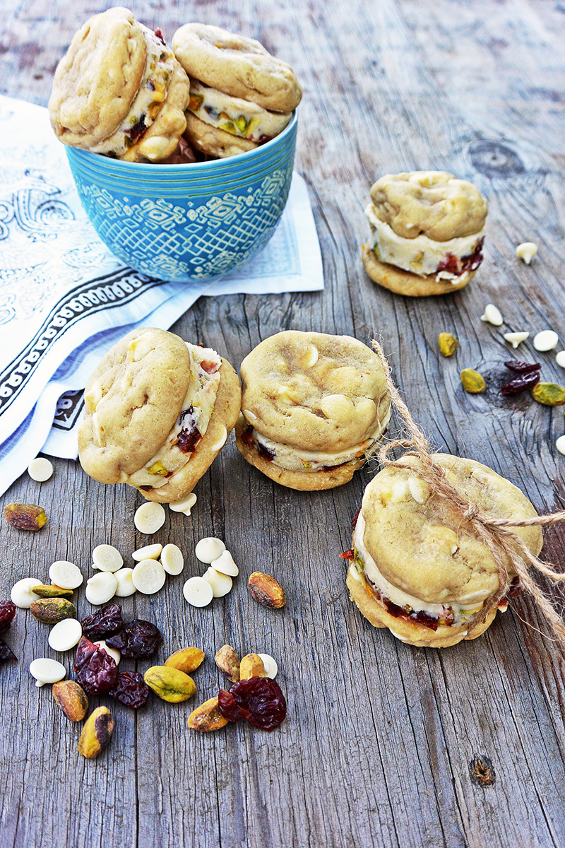 White Chocolate Chip Ice Cream Sandwiches with Cherry-Pistachio Ice Cream via Floating Kitchen | siftandwhisk.com