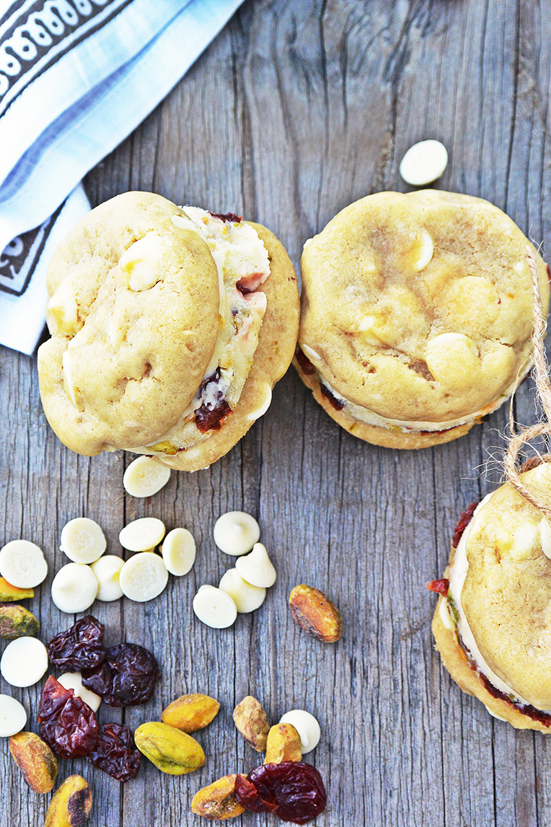 White Chocolate Chip Ice Cream Sandwiches with Cherry-Pistachio Ice Cream via Floating Kitchen | siftandwhisk.com