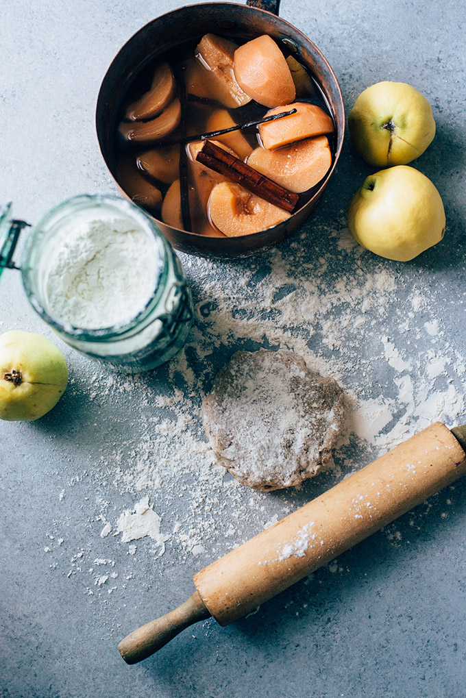 Vegan Quince Tarte Tatin with Rye Coconut Oil Crust | This rustic French dessert gets a vegan makeover with beautiful quinces flavored with maple, vanilla bean, and cinnamon stick and a rye & coconut oil crust. No butter needed!