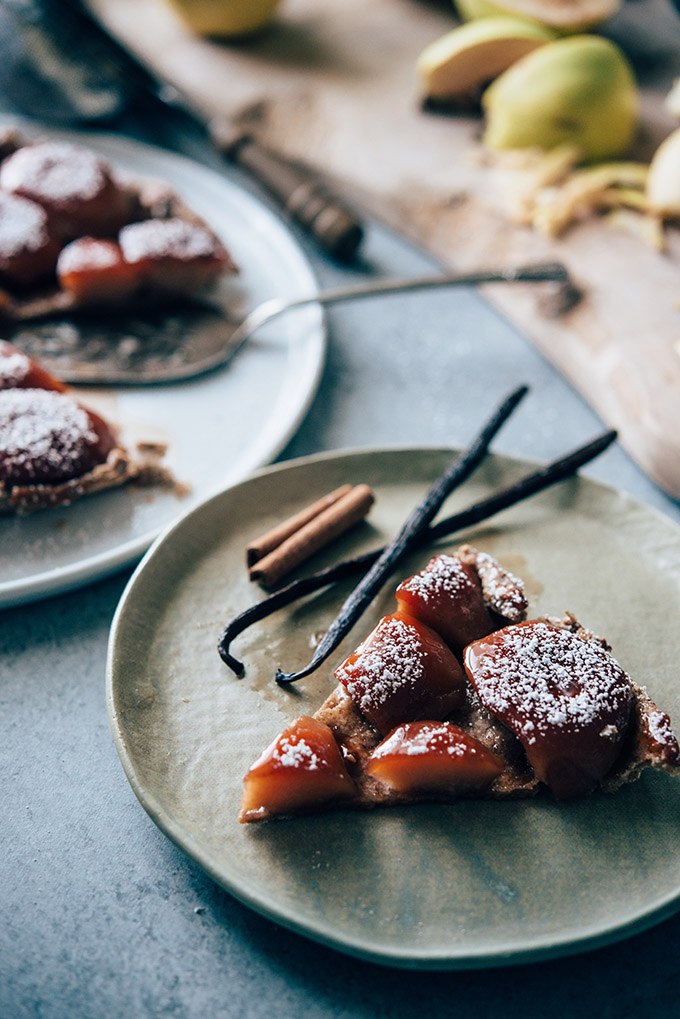 Vegan Quince Tarte Tatin with Rye Coconut Oil Crust | This rustic French dessert gets a vegan makeover with beautiful quinces flavored with maple, vanilla bean, and cinnamon stick and a rye & coconut oil crust. No butter needed!