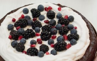 Flourless Chocolate Honey Cake with Berries and Whipping Cream recipe