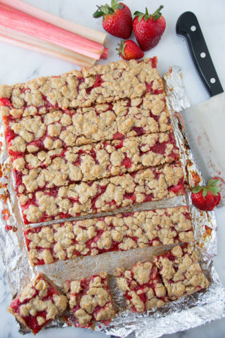 Strawberry Rhubarb Oatmeal Bars via Sift & Whisk